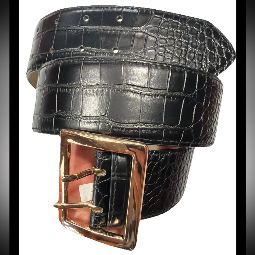 Risantry Wide Black Belt Reptile Print Goldtone Square Buckle 29-38” MEDIUM NEW